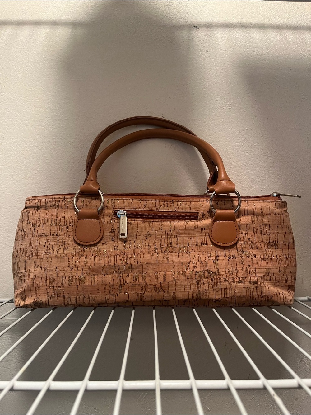 Cork-Textured Tan Satchel with Leather Trim, Insulated Wine Bottle Carrier